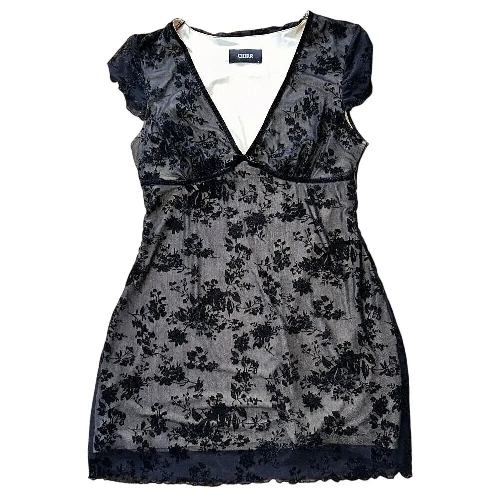 Cider Mesh V-Neck Floral Bow Nude Lined Black Mini Dress 8 - Picture 2 of 8